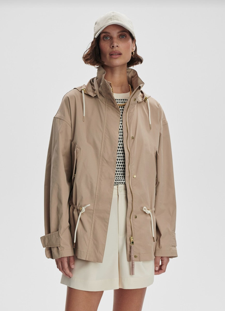 Varley Rema Short Rain Jacket in Light Taupe Front View Unzipped