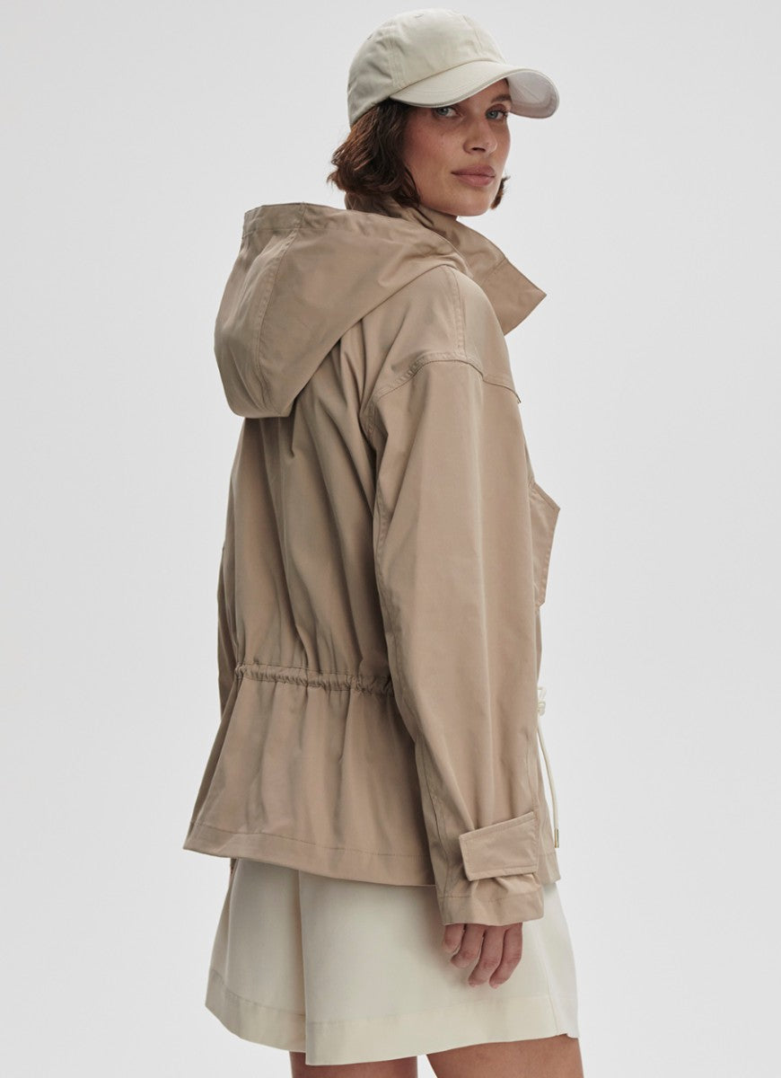 Varley Rema Short Rain Jacket in Light Taupe Back and Side View