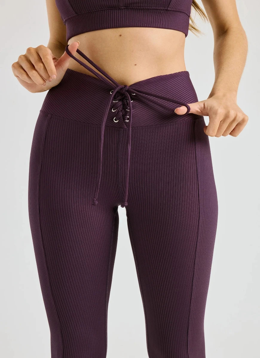 Year of Ours Ribbed Football Legging in Deep Plum Close Up Front View of Laces