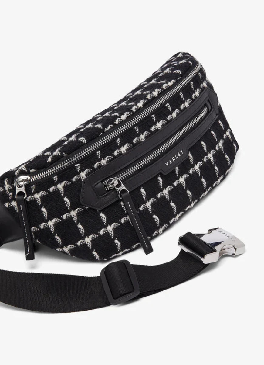 Varley Roby Belt Bag in Black Mono Check Close Up View