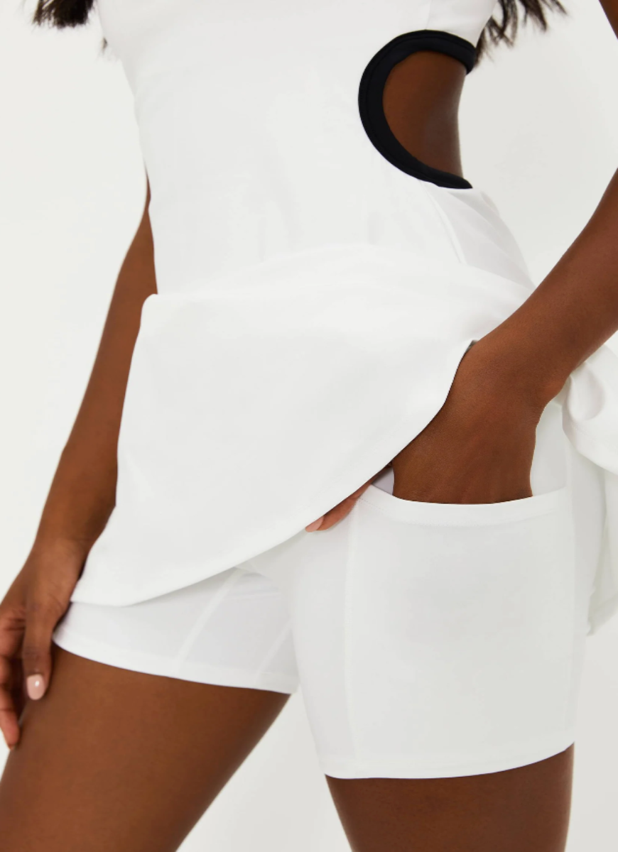 Beach Riot Sporty Sage Dress in White Close Up View of Built in Undershorts Pocket