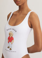 Polo Ralph Lauren Scoop Tank One Piece Swimsuit in White Close Up Front View