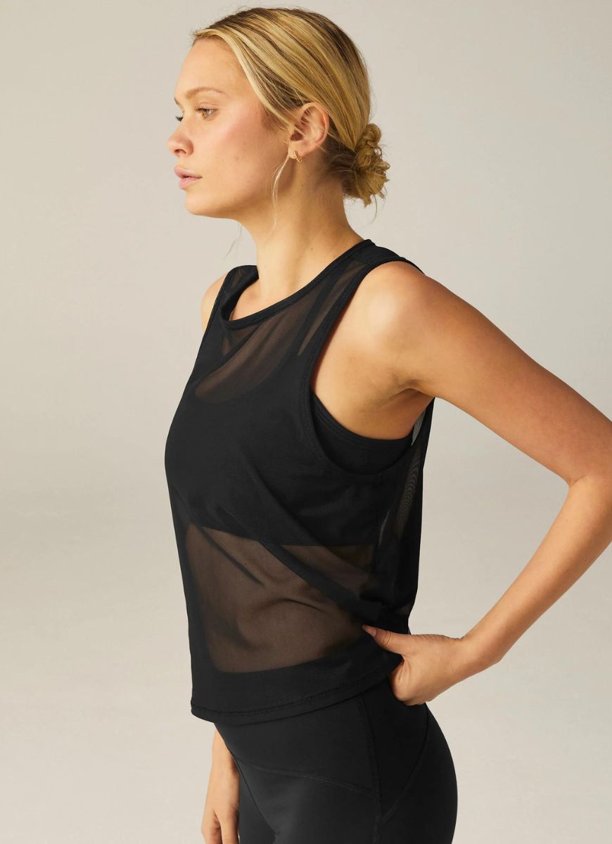 Beyond Yoga Show Off Mesh Tank Top in Black Side View
