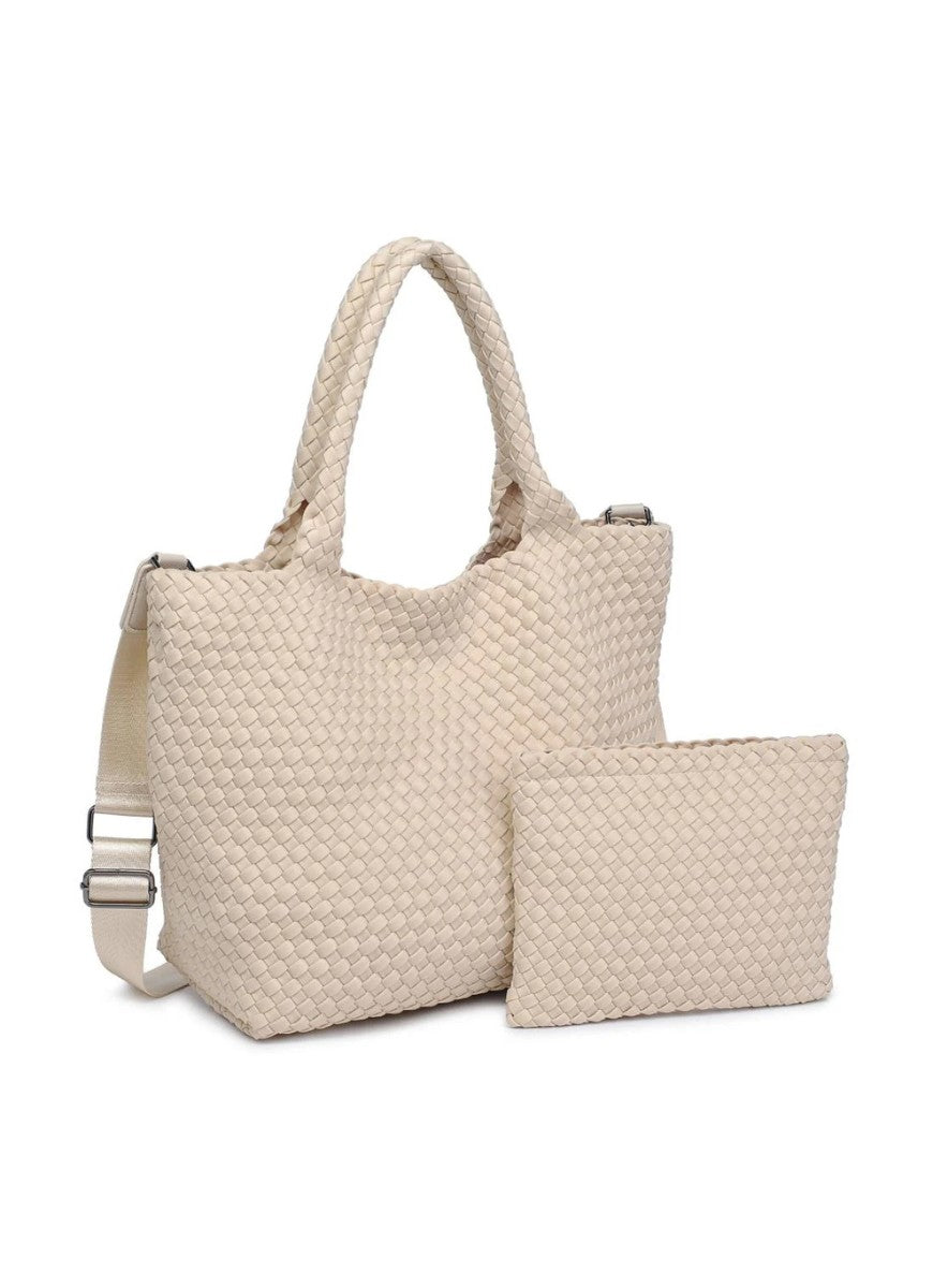 Sol and Selene Sky’s The Limit Medium Tote in Cream Front View Shown Together With Inner Pouch