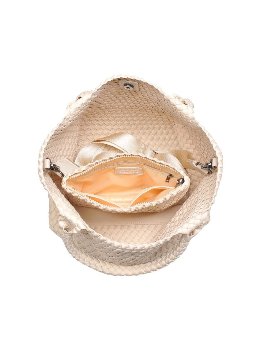 Sol and Selene Sky’s The Limit Medium Tote in Cream Top View Shown Unzipped