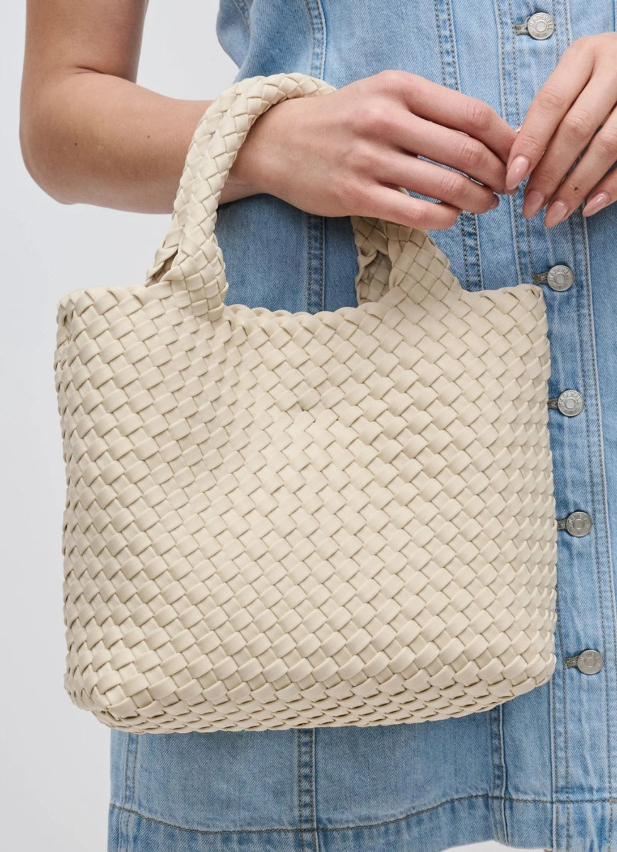 SOL AND SELENE Sky’s The Limit Small Crossbody in Cream Model Shown Wearing on Wrist