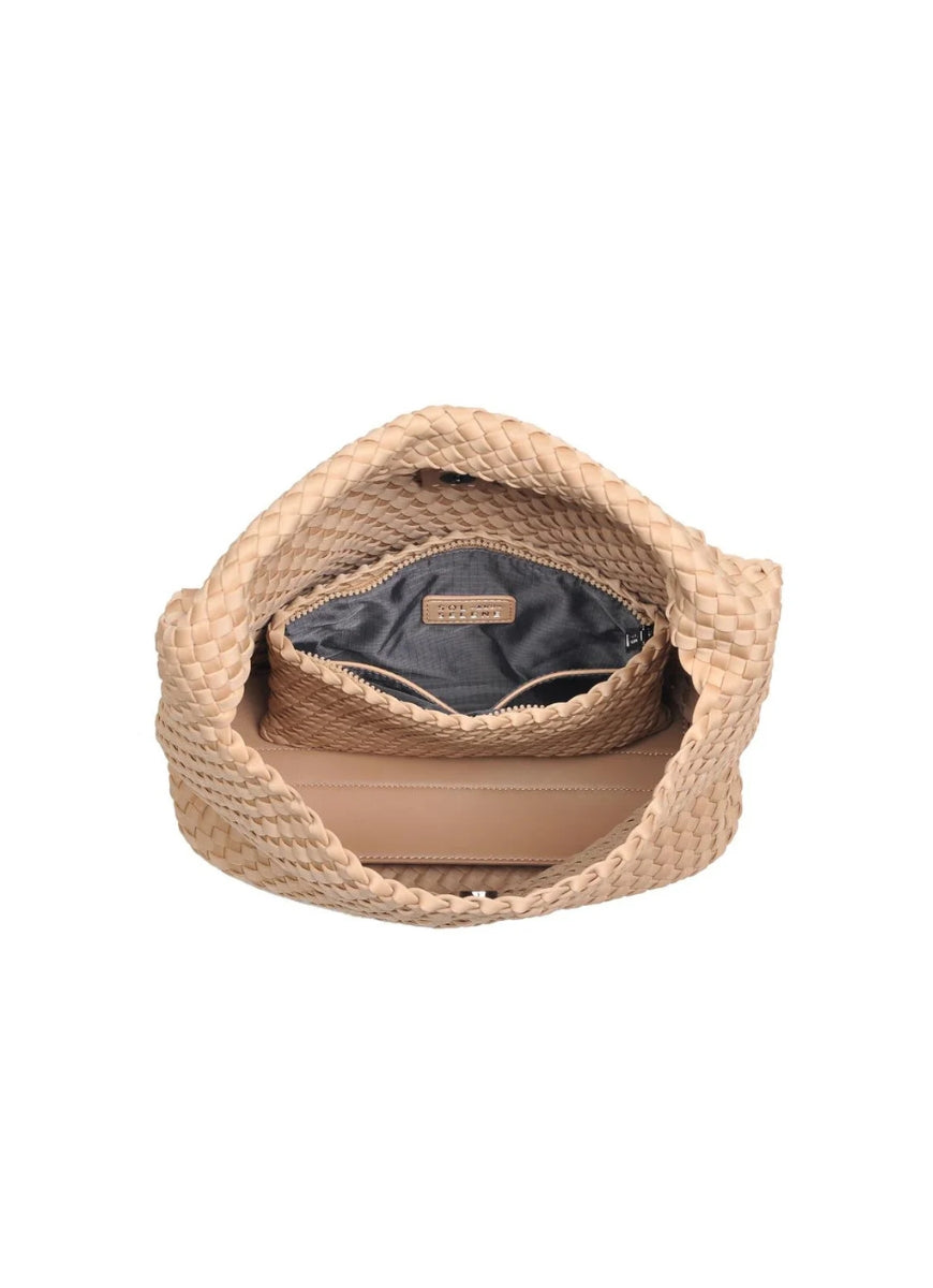 SOL AND SELENE Sky’s The Limit Small Crossbody in Nude Top View Unzipped