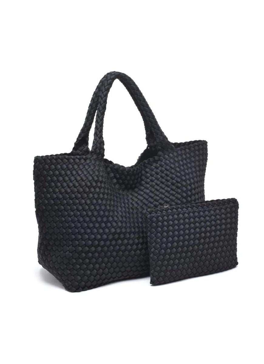 Sol and Selene Sky’s The Limit Large Tote in Black Shown Together with Smaller Pouch