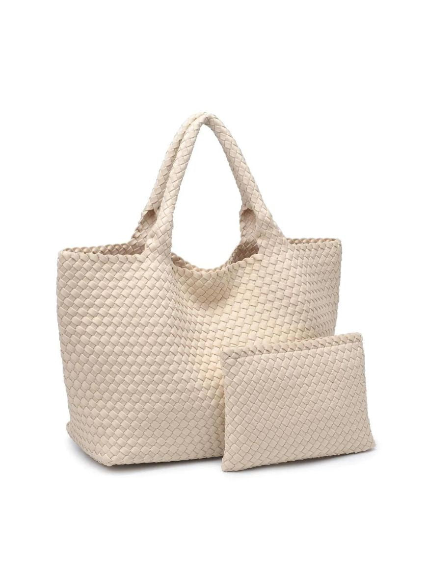 Sol and Selene Sky’s The Limit Medium Tote in Cream Shown Together with Matching Smaller Pouch