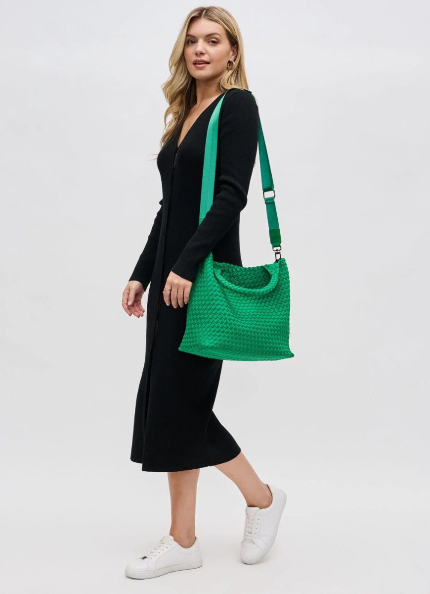Sol and Selene Sky’s The Limit Medium Tote in Kelly Green Full Side View Shown Worn Over One Shoulder