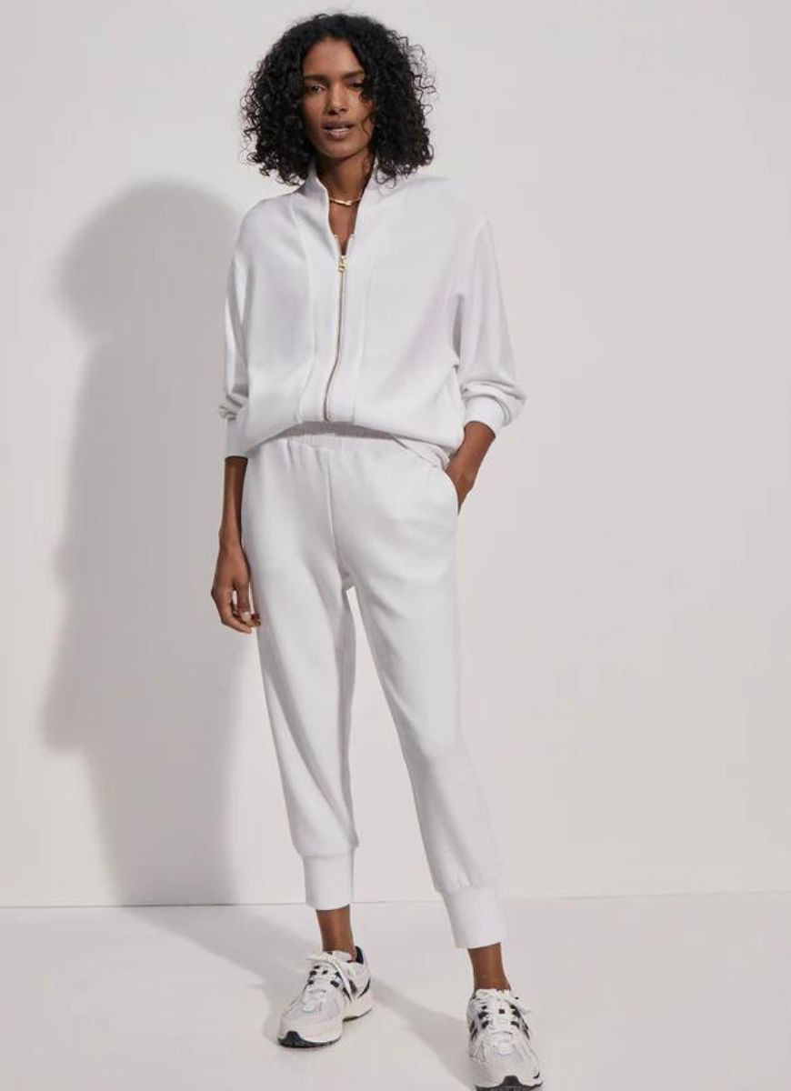 Varley The Slim Cuff Pant 25” in White Full Length Front View