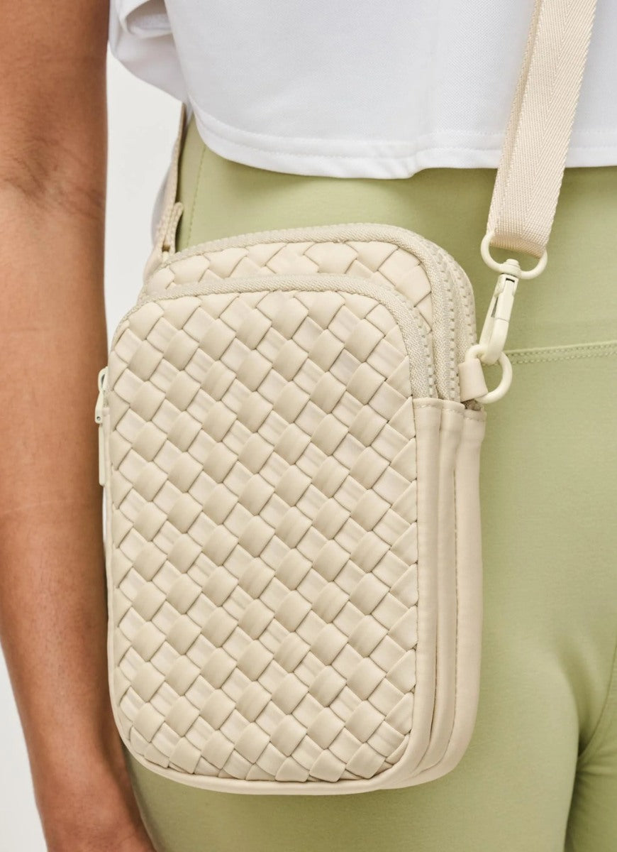 SOL AND SELENE Divide & Conquer Woven Neoprene Crossbody in Cream Close Up Front View