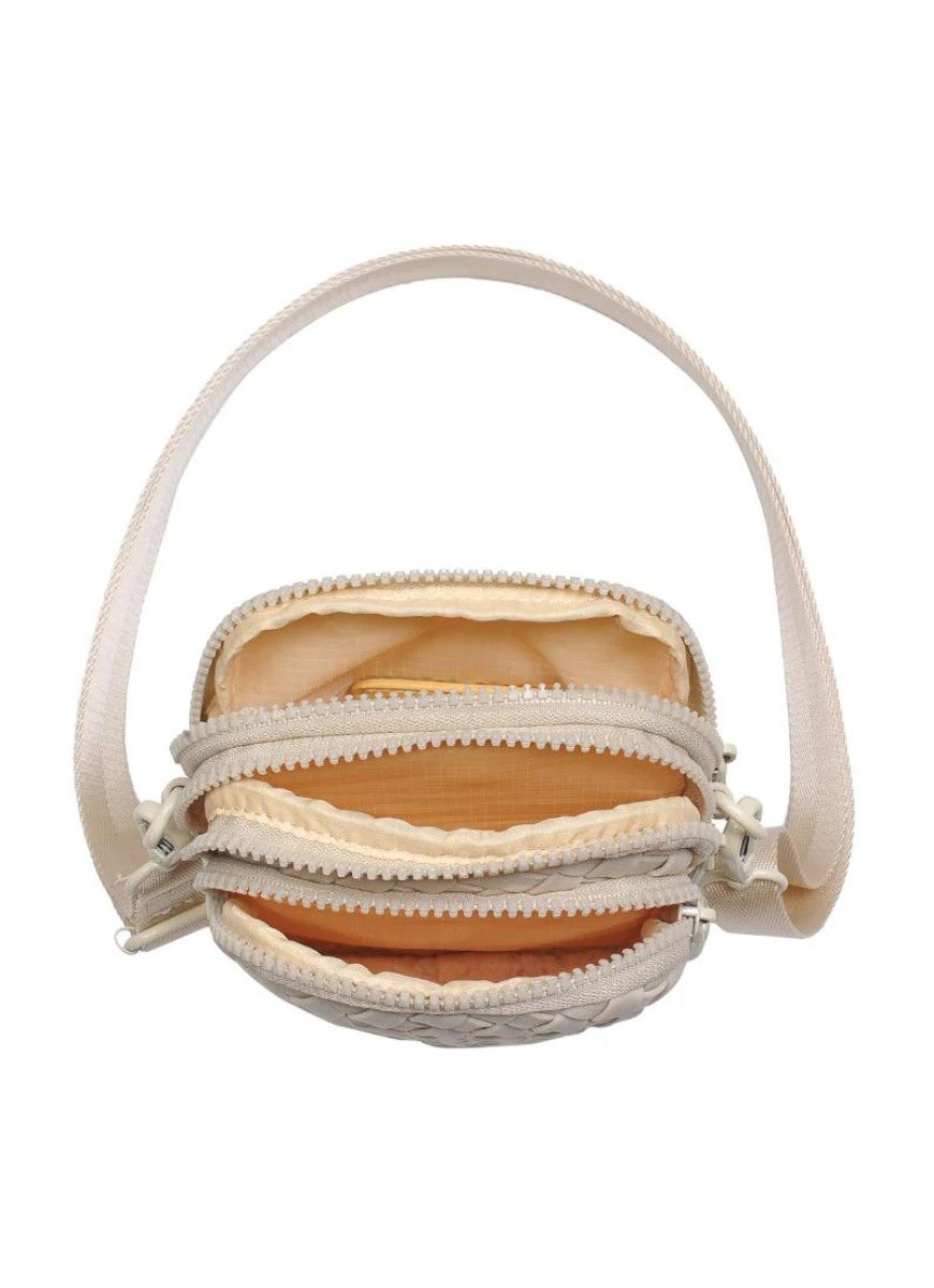 SOL AND SELENE Divide & Conquer Woven Neoprene Crossbody in Cream Top View Showing Inside the Bag