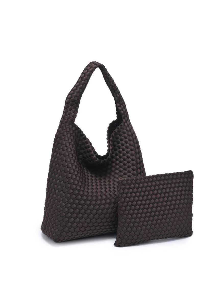 SOL AND SELENE Celestial Tote Bag in Chocolate Shown Together With Inner Pouch