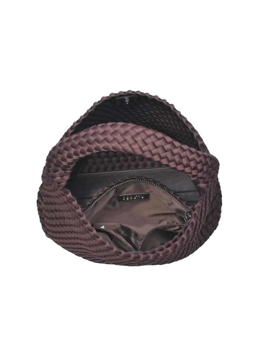 SOL AND SELENE Celestial Tote Bag in Chocolate Top View Unzipped