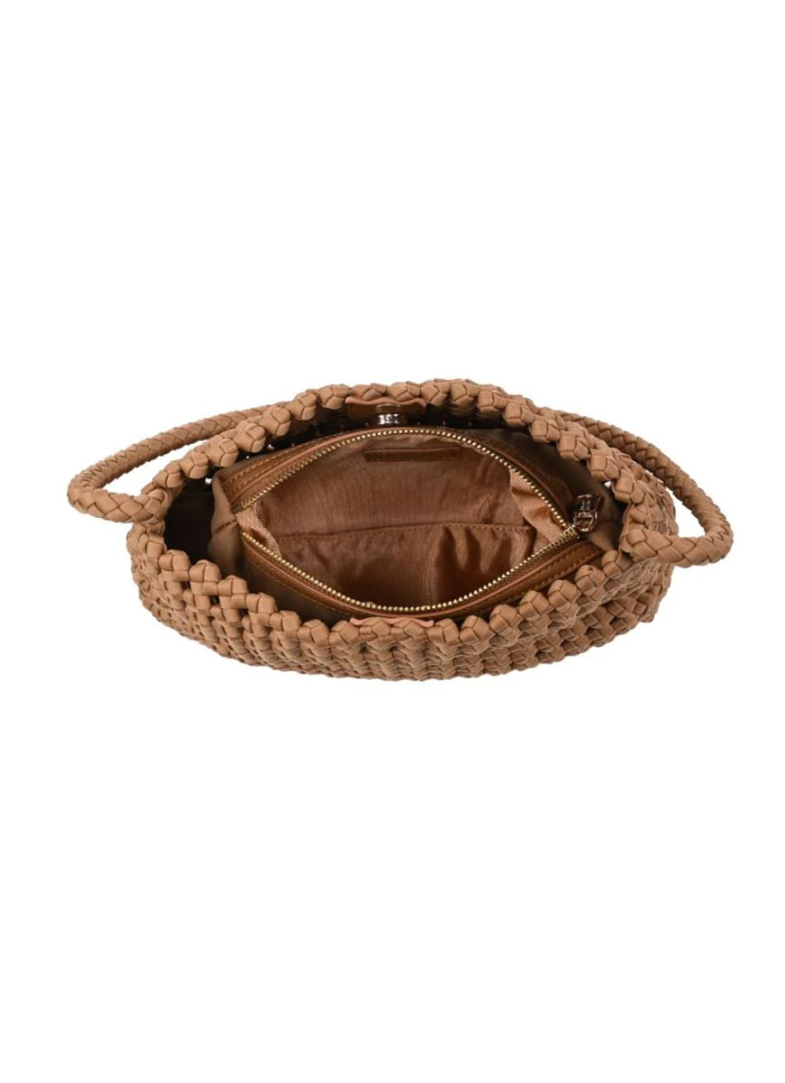 SOL AND SELENE Solara Shoulder Bag in Sand Top View Unzipped