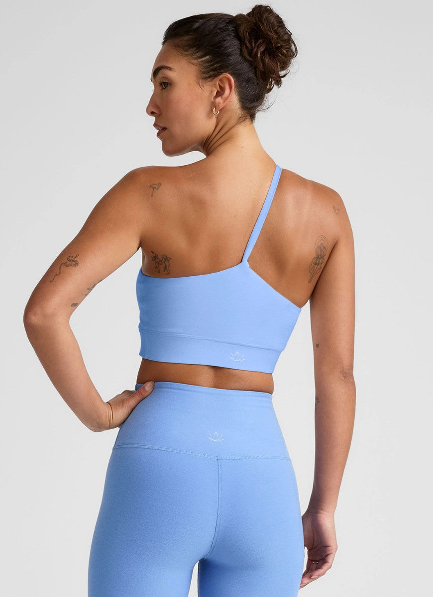 Beyond Yoga Spacedye One Shoulder Long Line Sports Bra in Flower Blue Heather Back View