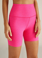 Beyond Yoga Spacedye Keep Pace 5” Biker Short in Pink Punch Heather Angled Front View
