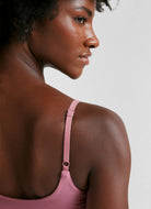 Beyond Yoga Spacedye Raise The Barre Shirred Bra in Pink Close Up Back View of Strap