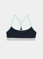 Black sports bra with light blue straps on a white background