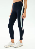 Black leggings with a light blue stripe on a white background