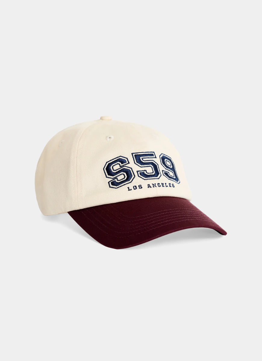 Beige and maroon baseball cap with '559 Los Angeles' text on a white background
