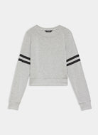 Gray sweatshirt with black stripes on sleeves against a white background
