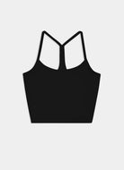 Black crop top with thin straps on a light gray background