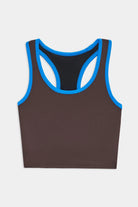 Black tank top with blue trim on a light gray background