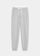 Light gray heather jogger pants with a white elastic waistband, white drawstring, and elastic cuffs, shown against a light gray background.