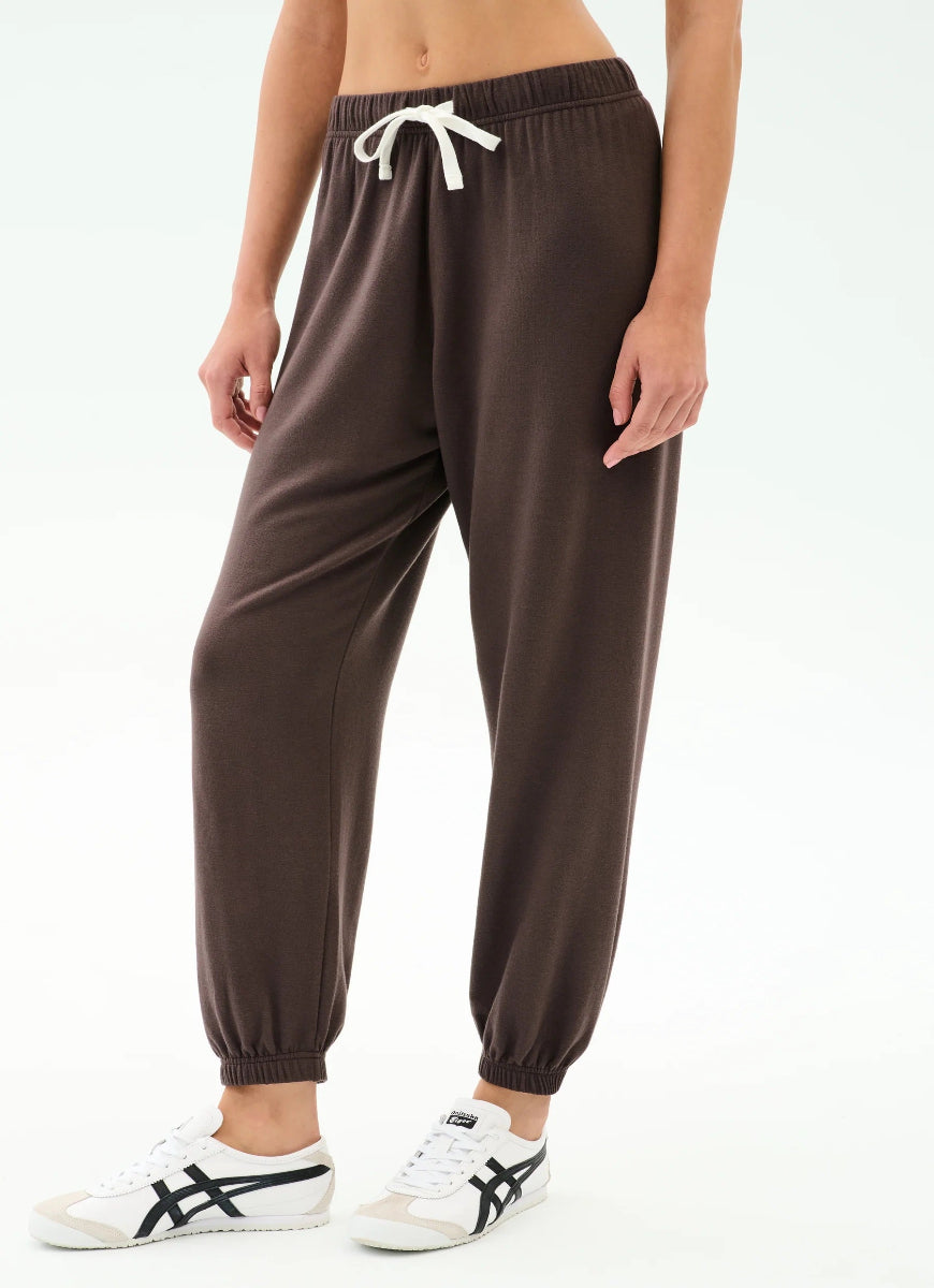 Brown jogger pants with white drawstring on a white background