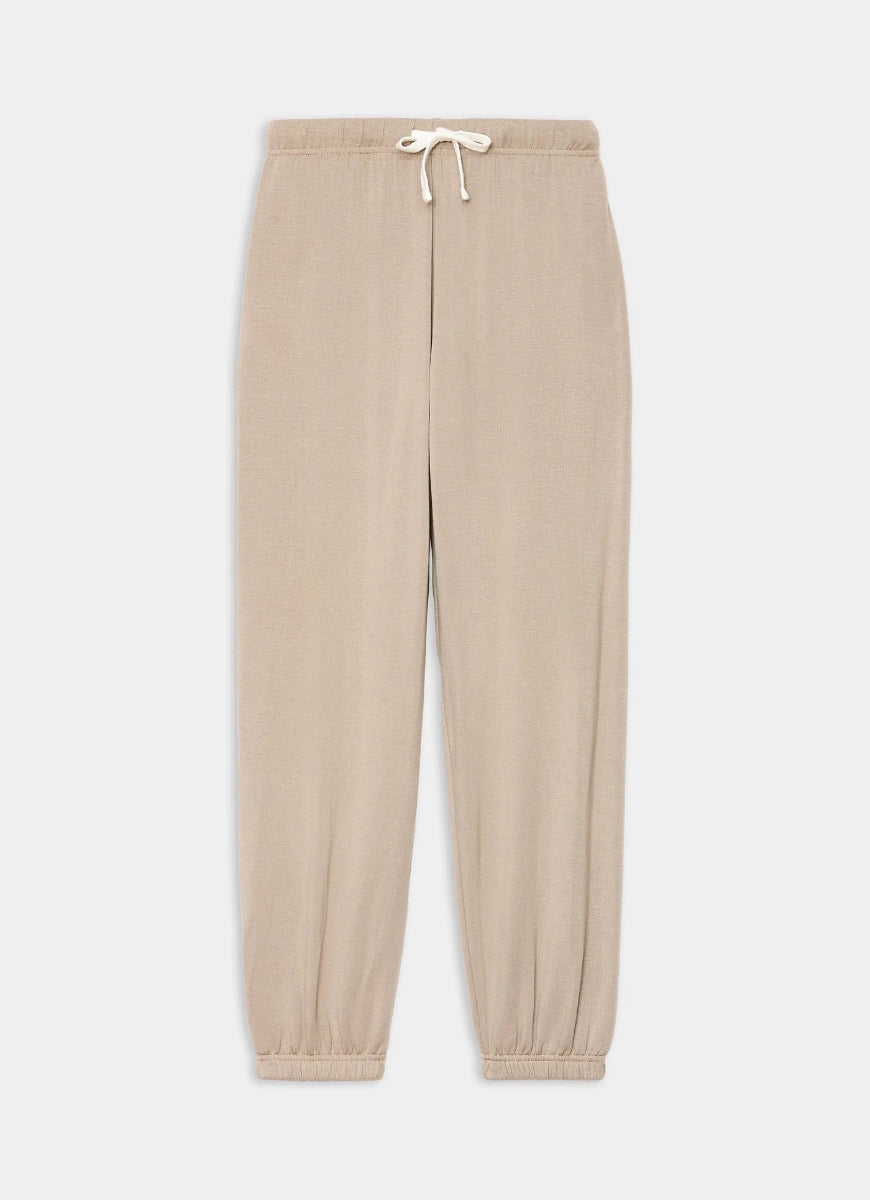 Beige sweatpants with a drawstring on a white background