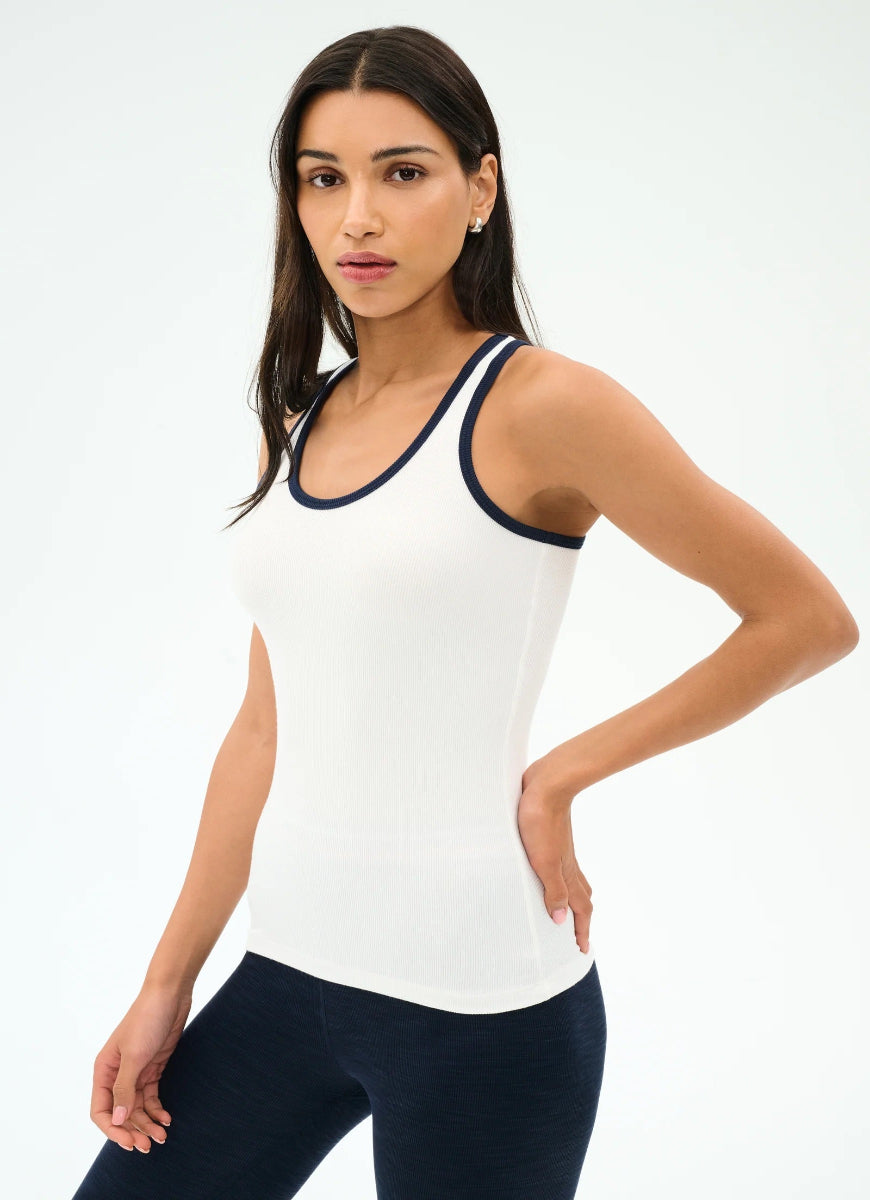 Splits59 Ashby Rib Tank Top in White/Indigo Angled Side View