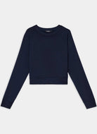 A dark navy blue long-sleeve crewneck sweatshirt laid flat against a light gray background.