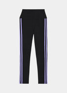 Black high-waisted leggings with two vertical light purple stripes down the sides, shown against a light gray background.