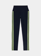 Navy blue athletic leggings with two vertical lime green stripes down the sides, shown flat against a light gray background.