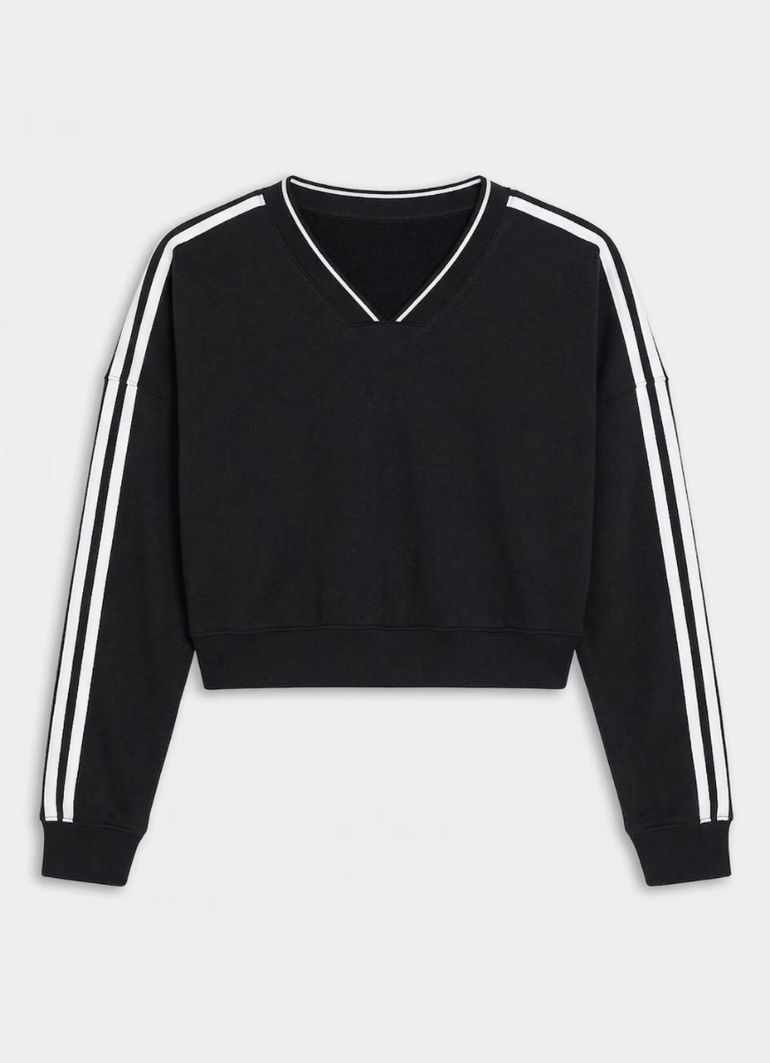 Black sweatshirt with white stripes on sleeves against a light gray background