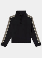 A black long-sleeve quarter-zip pullover with contrasting beige and white stripes running down the sleeves, displayed on a light gray background.