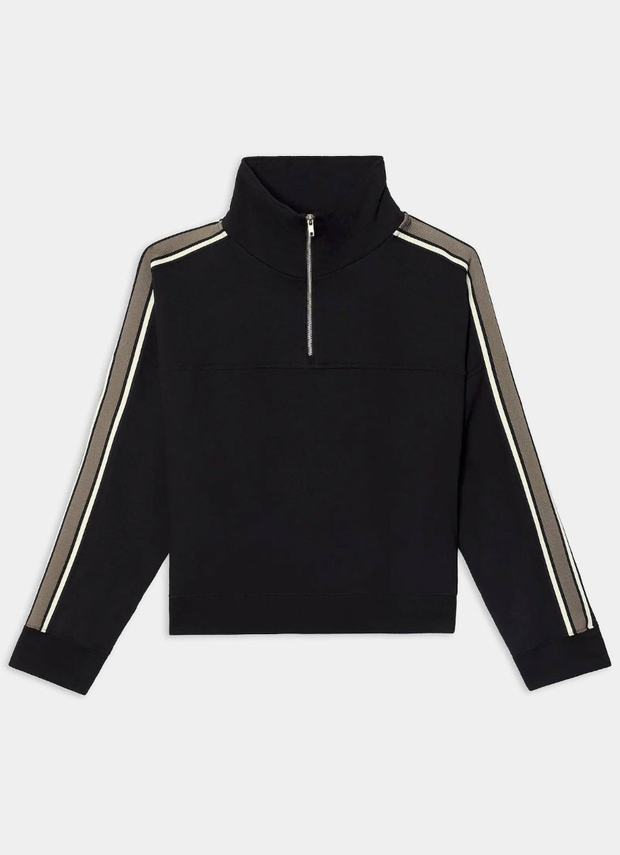 A black long-sleeve quarter-zip pullover with contrasting beige and white stripes running down the sleeves, displayed on a light gray background.