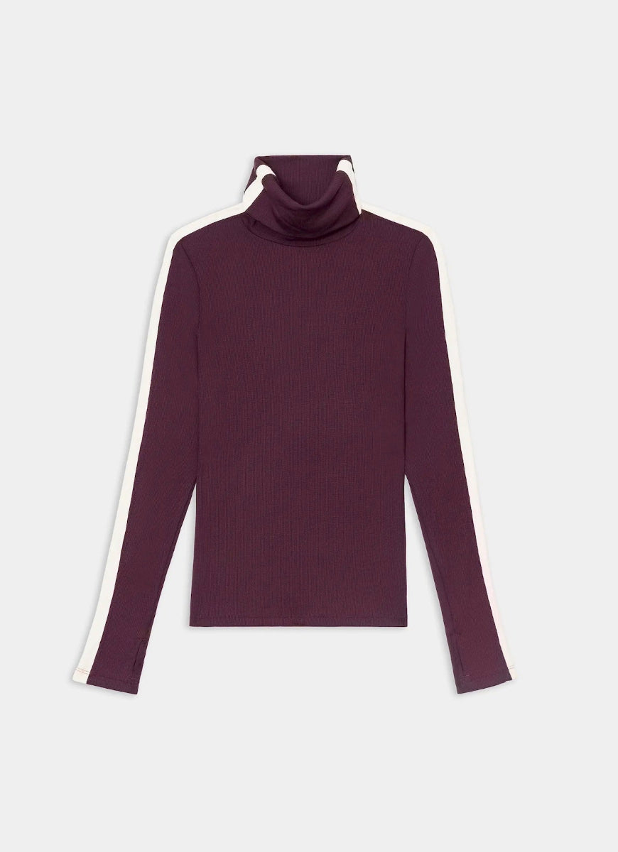 A long-sleeve turtleneck top in deep burgundy with contrasting white stripes running down the sleeves, displayed on a light gray background.