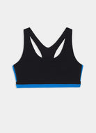 A black racerback sports bra with a bright blue accent band along the underbust and bottom hem, displayed flat against a light gray background.