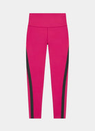 Bright pink high-waisted leggings with black side stripe accents, shown flat against a light gray background.