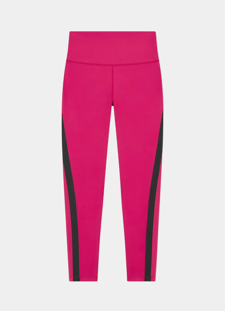 Bright pink high-waisted leggings with black side stripe accents, shown flat against a light gray background.