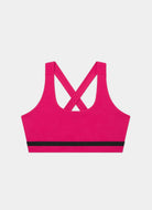 A bright pink sports bra with a black horizontal stripe across the underband and crisscross straps at the back, shown flat on a light gray background.