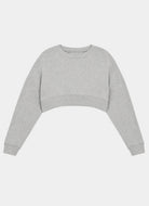 A light gray heather cropped long-sleeve sweatshirt with a wide crew neck and ribbed cuffs, displayed against a solid light gray background.