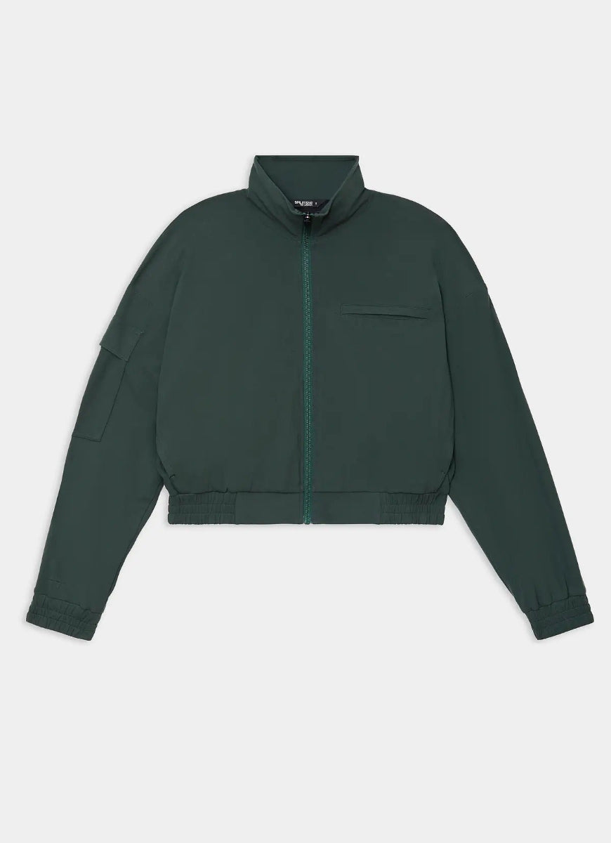 Green jacket with a zipper on a white background