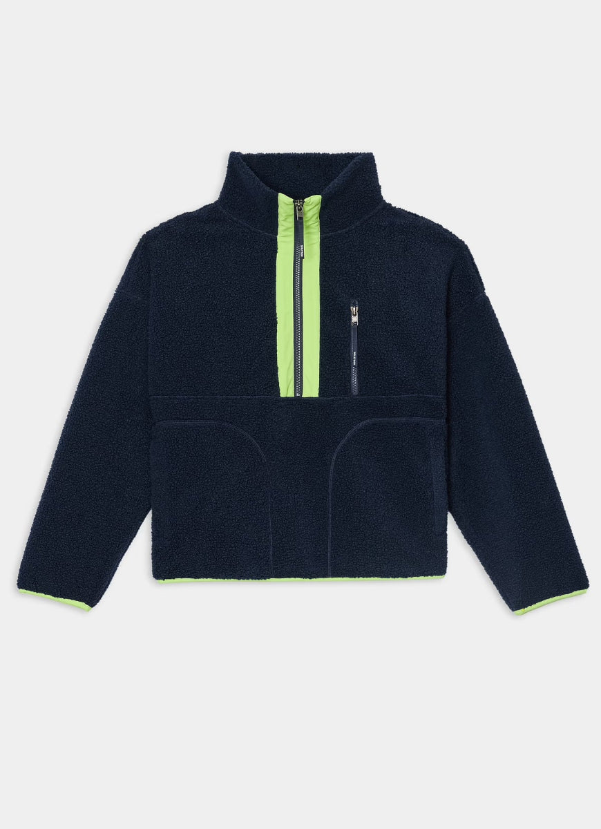 A navy blue fleece pullover jacket with a high collar, a half-zip front featuring a bright neon green zipper, and matching neon green trim along the cuffs and hem, displayed on a light gray background.