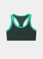 Black sports bra with green trim on a light gray background