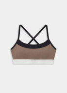 Multicolored sports bra with criss-cross straps on a white background