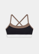 Black sports bra with brown straps on a white background